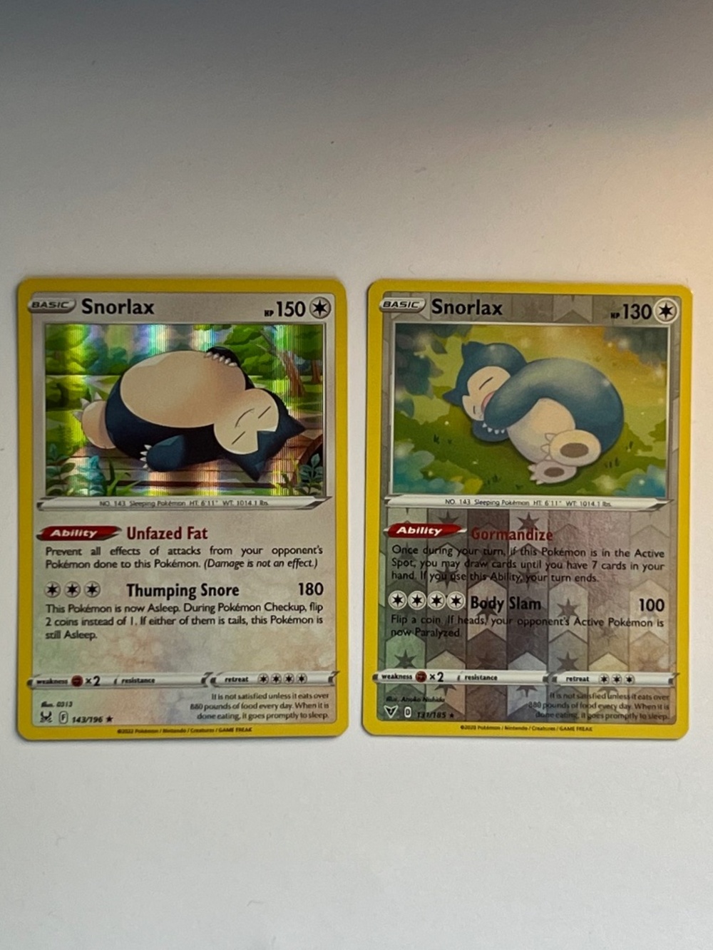 2 Pokemon Cards Holo Snorlax Lost Origin & Reverse Holo Snorlax Vivid Voltage